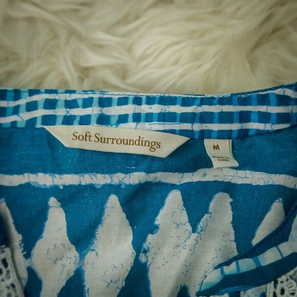 Soft Surroundings Size Medium M Lusi Blue Ikat Print 3/4 Sleeve Cotton Tunic Top - Picture 5 of 7